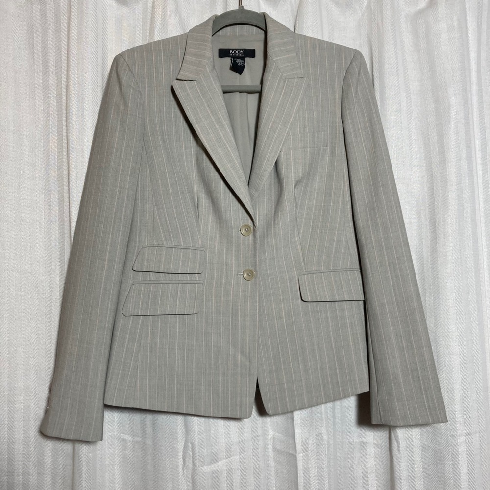Body by Victoria Pinstripe Blazer Grey Pink Two Button Jacket Womens 10 90s Y2K